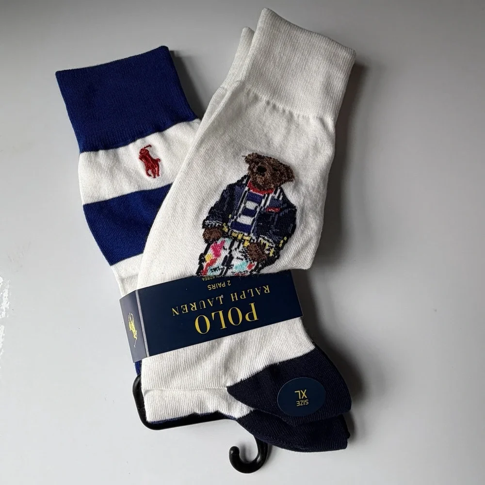 Polo Ralph Lauren Men's Sock 2 Pairs Bear and White with Blue Stripe Size 13-16